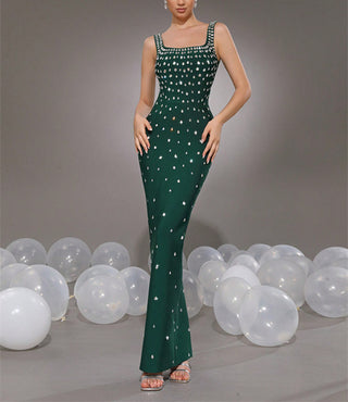 Luxury Rhinestone U-Neck Sleeveless Bandage  Elegant Bodycon Fit Long Dress