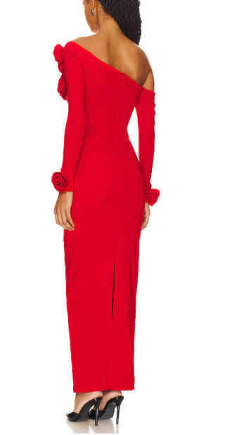 Elegant One-OffShoulder Long Sleeves- Tall Dress with Floral Detailing