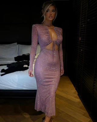 Glamorous Long Sleeve Mesh Studded Midi Dress with Cutout