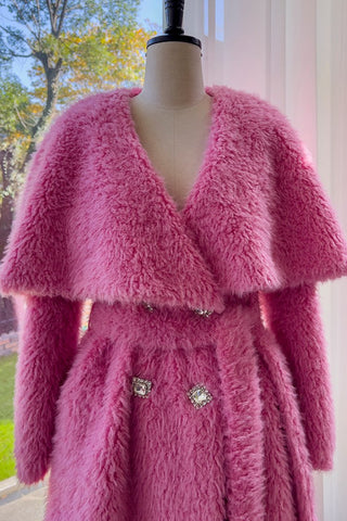 Pink Faux Fur Midi Coat with Oversized Collar