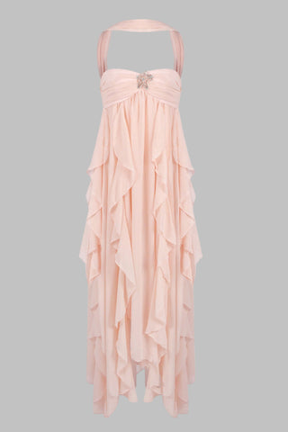 Strapless Ruffle Chiffon Long Dress with Rhinestone Starfish Brooch Backless, Layered Flowing Skirt