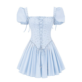 Puff Sleeve Light Blue Back Tie  Corset Mini Dress