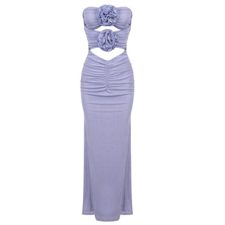 Lavender Textured Flower Mesh Long Dress