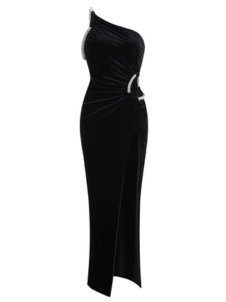 One Shoulder Rhinestone Velvet Long Dress