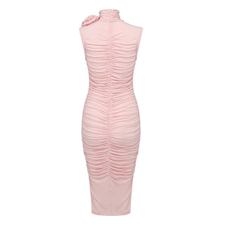 Pink Petal Sleeveless High Neck Flower Midi  Dress