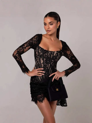 Elegant Black Lace Draped Corset -Long Sleeves Mini Dress