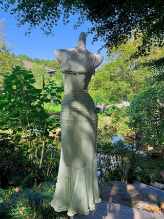 Elegant Sleeveless Long Mesh Dress with Ruffled Details