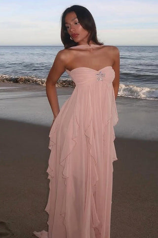 Strapless Ruffle Chiffon Long Dress with Rhinestone Starfish Brooch Backless, Layered Flowing Skirt
