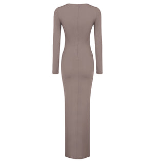 Long Sleeve Knotted Maxi Dress - Sexy Round Neck Ribbon Detail