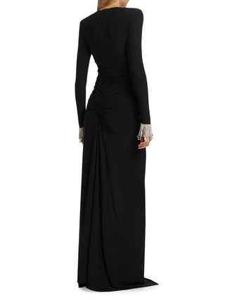 Elegant Black Long Sleeve Evening Long Dress with V-Neck and High Slit