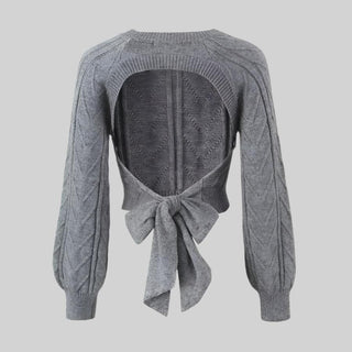 Long Sleeve Backless Knitted Sweater Top with Bow Detail