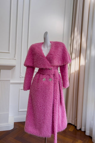 Pink Faux Fur Midi Coat with Oversized Collar