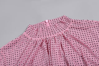 Pink Rhinestone Mini Dress with Feather Cuffs - Long Sleeve, High Neck