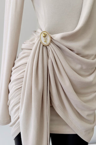 Cream Long-Sleeve Draped Mini Dress with Rhinestone Detail