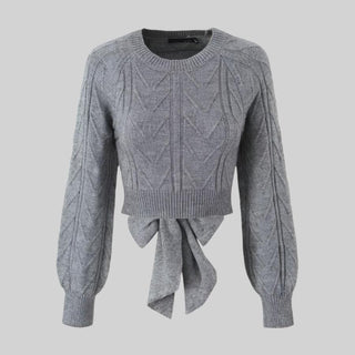 Long Sleeve Backless Knitted Sweater Top with Bow Detail