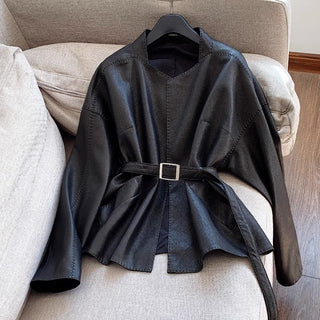 Short Faux Leather Jacket With Belt