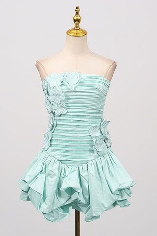 Floral Appliqué Strapless Puff Mini Dress