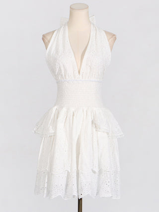 Charm Backless Halter Embroidered   Mini Dress