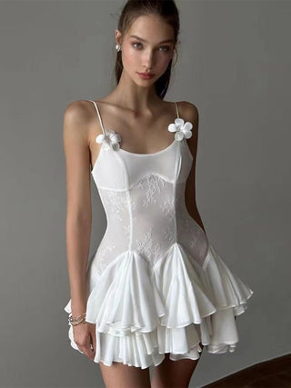 Sleeveless Flower Suspender Ruffle  Mini Dress