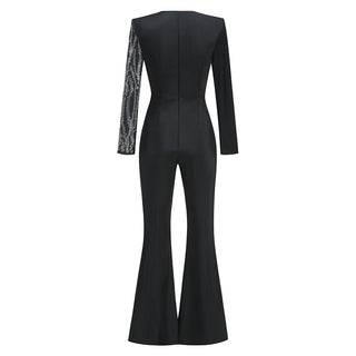 Sexy Deep V-Neck Rhinestone Flared Jumpsuit - Slim Fit Long Sleeve