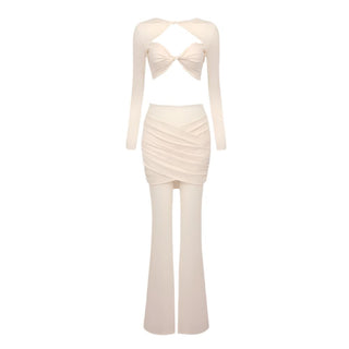 Chic Sheer Ruched Two-Piece Set - Elegant Long Sleeve Top & Flared Pants Combo