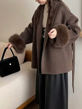 Double-Faced Wool Coat with Fur Cuffs - Mid-Length, Belted Wrap Coat