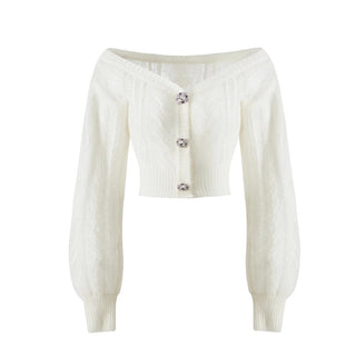 Luxury Off-Shoulder Mohair Cardigan with Crystal Button Accents
