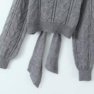 Long Sleeve Backless Knitted Sweater Top with Bow Detail