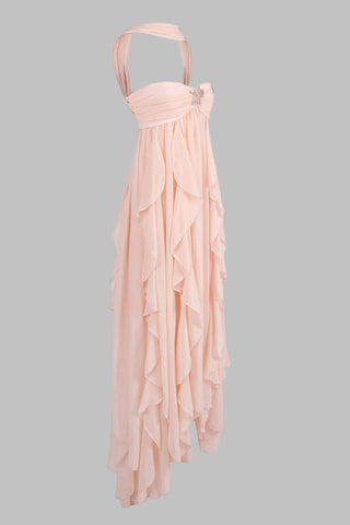 Strapless Ruffle Chiffon Long Dress with Rhinestone Starfish Brooch Backless, Layered Flowing Skirt