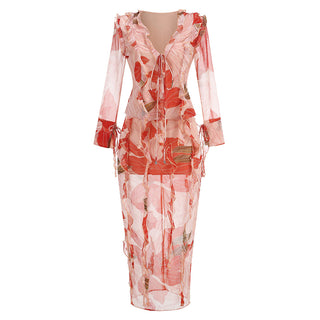 Sheer Mesh Sleeve Skirt  Print Set