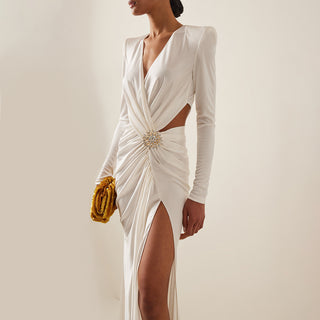 Diamond Side Slit Long Sleeve Long Dress