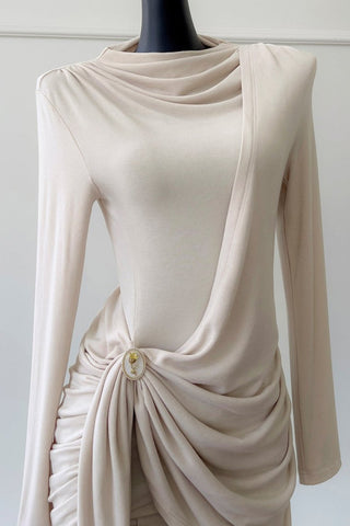 Cream Long-Sleeve Draped Mini Dress with Rhinestone Detail