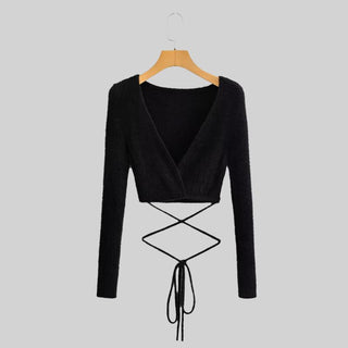 Slim Fit V-Neck Wrap-Around Long Sleeve Crop Top