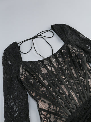 Elegant Black Lace Draped Corset -Long Sleeves Mini Dress