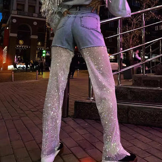 Rhinestone Fishnet Denim Pants