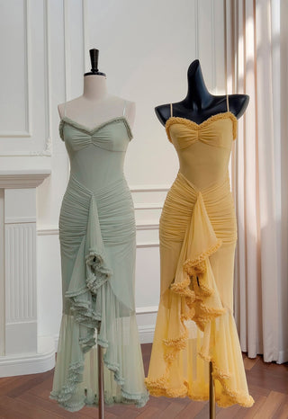 Elegant Sleeveless Long Mesh Dress with Ruffled Details