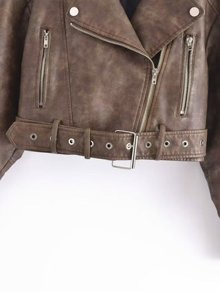 Retro Cropped Leather Jacket with Belt