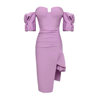 Puff Sleeve Side Slit Bandage Midi Dress