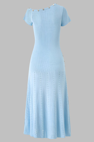 Button Neck Short Sleeve Flare Midi Dress in Ribbed Knit Fabric