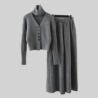 3-Piece Knitted Set - V-Neck Sweater, Cardigan, and Wide-Leg Pants