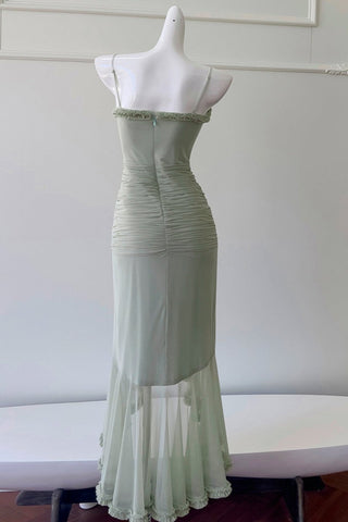 Elegant Sleeveless Long Mesh Dress with Ruffled Details
