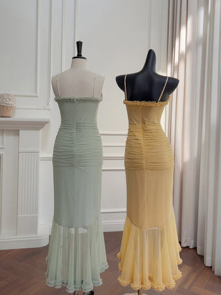 Elegant Sleeveless Long Mesh Dress with Ruffled Details