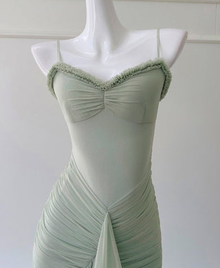 Elegant Sleeveless Long Mesh Dress with Ruffled Details