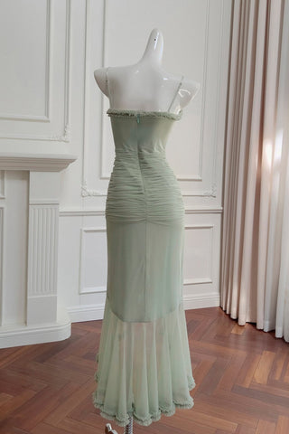 Elegant Sleeveless Long Mesh Dress with Ruffled Details