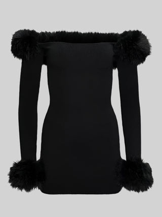 Black Off-Shoulder Knitted Mini Dress with Faux Fur Accents