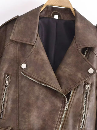 Retro Cropped Leather Jacket with Belt