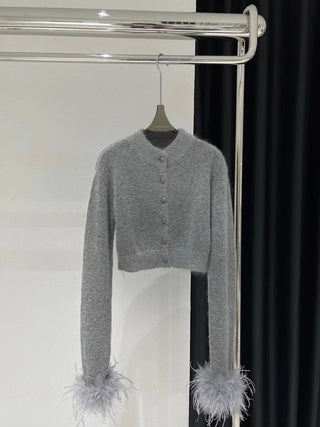 Luxe Feather Cuff Wool Cardigan - Grey Mohair French Knit Top