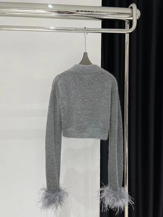 Luxe Feather Cuff Wool Cardigan - Grey Mohair French Knit Top