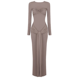 Long Sleeve Knotted Maxi Dress - Sexy Round Neck Ribbon Detail