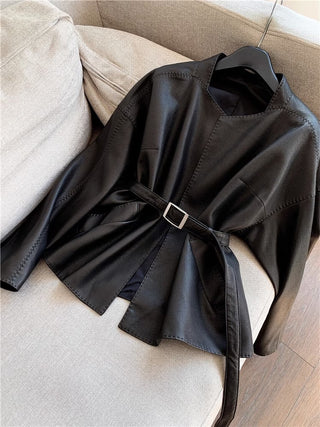 Short Faux Leather Jacket With Belt